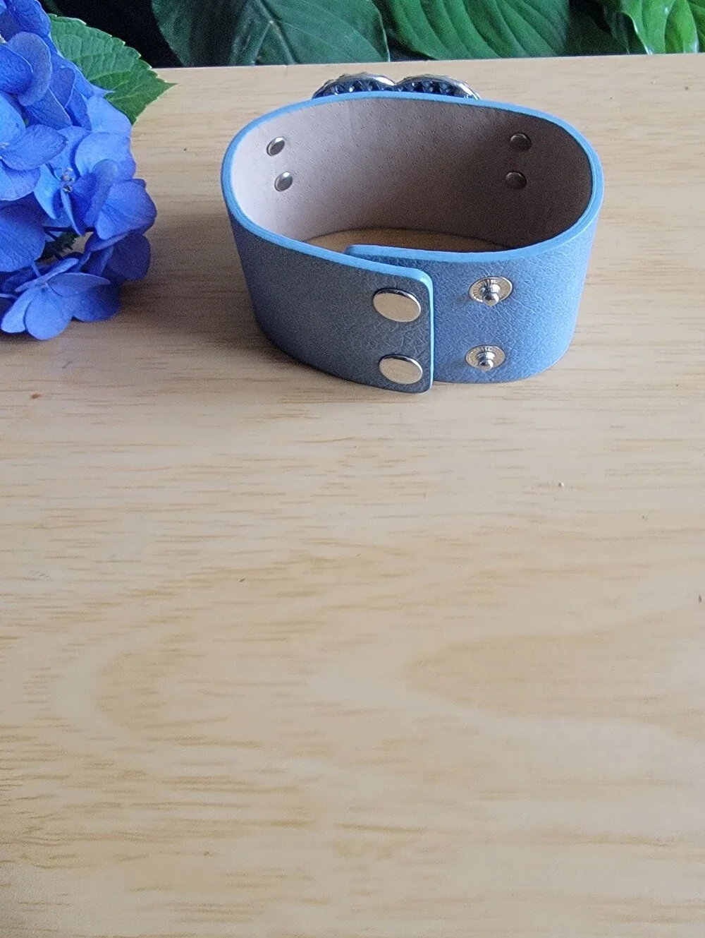 Rhinestone Heart Blue Faux Leather Cuff Bracelet